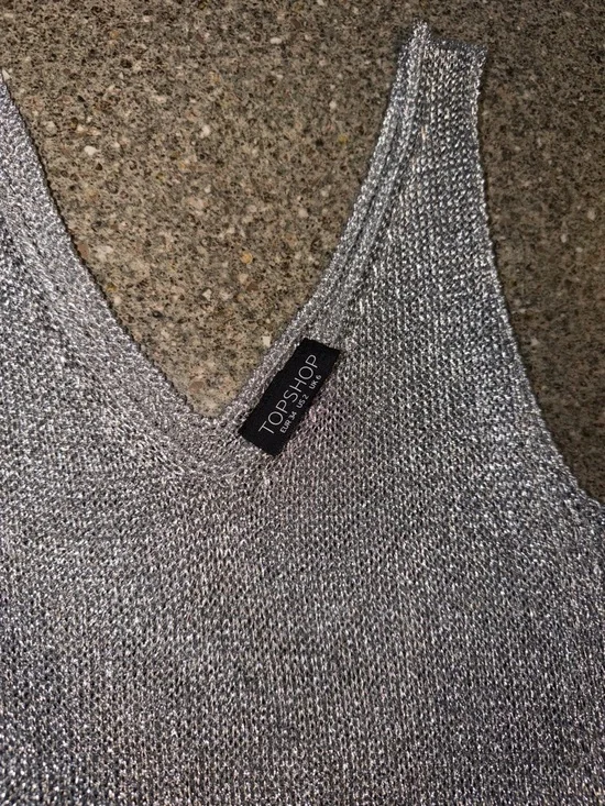 Topshop Metallic Silver V-Neck Knit Tank Top - Picture 3 of 3